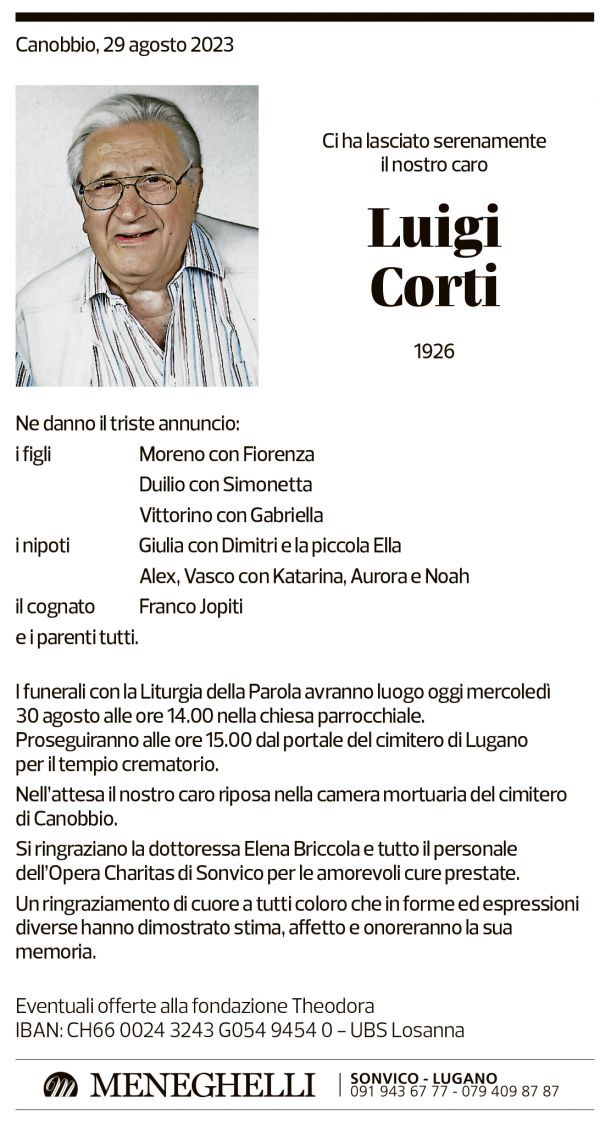 Annuncio funebre Luigi Corti