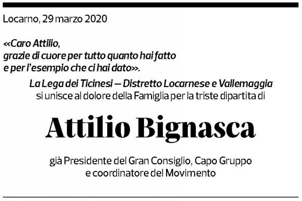 Annuncio funebre Attilio Bignasca