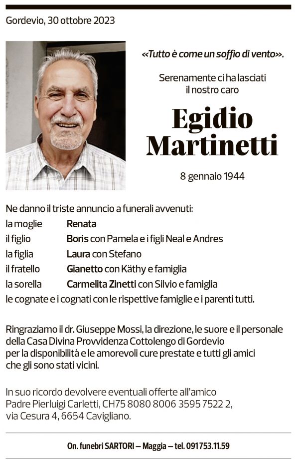 Annuncio funebre Egidio Martinetti