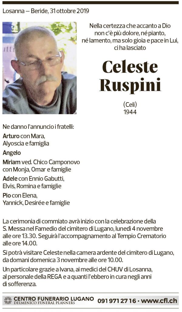 Annuncio funebre Celeste Ruspini