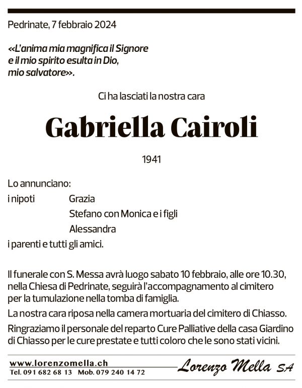 Annuncio funebre Gabriella Cairoli