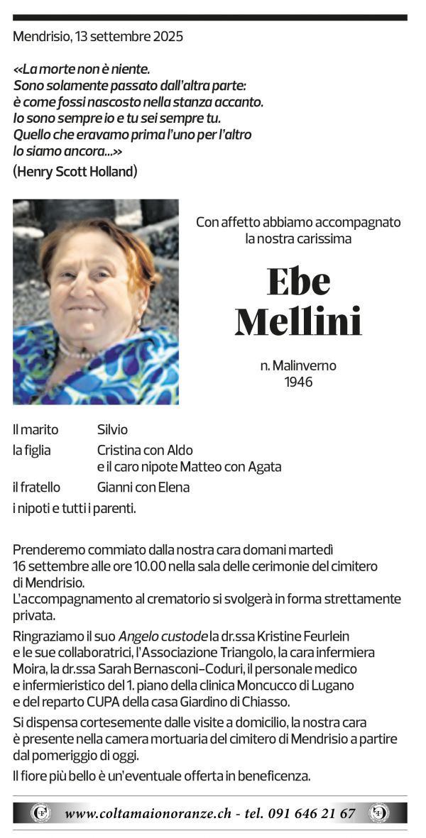 Annuncio funebre Ebe Mellini