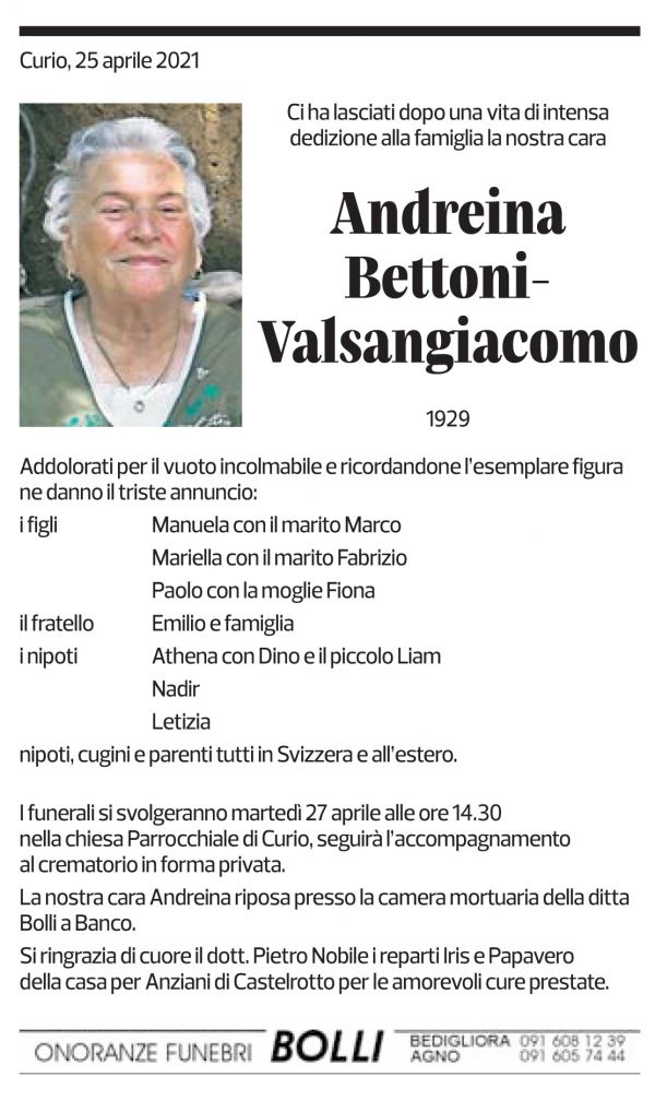 Annuncio funebre Andreina Bettoni-valsangiacomo