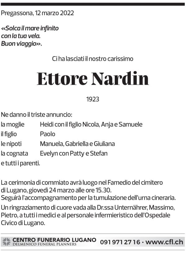 Annuncio funebre Ettore Nardin