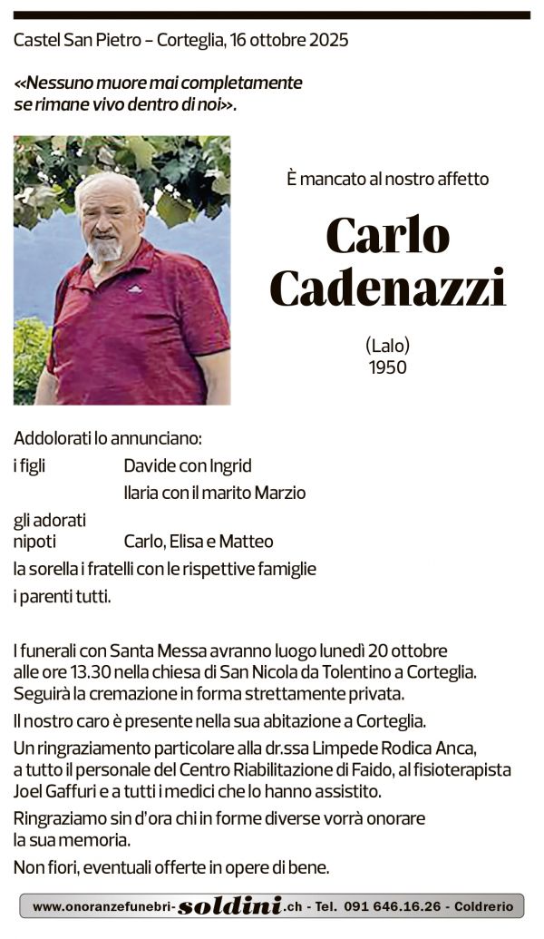 Annuncio funebre Carlo Cadenazzi