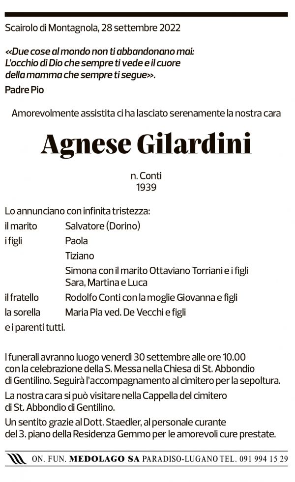 Annuncio funebre Agnese Gilardini