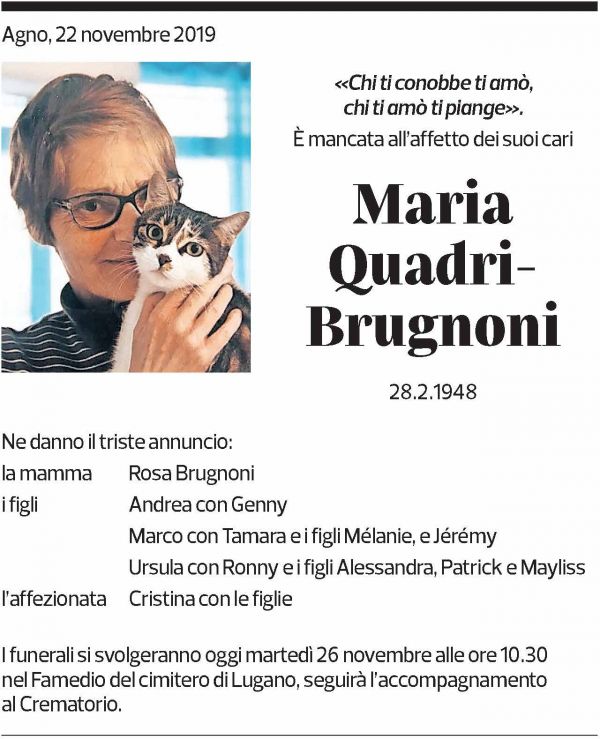 Annuncio funebre Maria Quadri-brugnoni