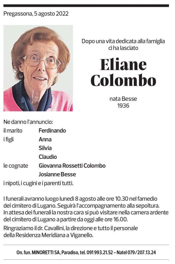 Annuncio funebre Eliane Colombo