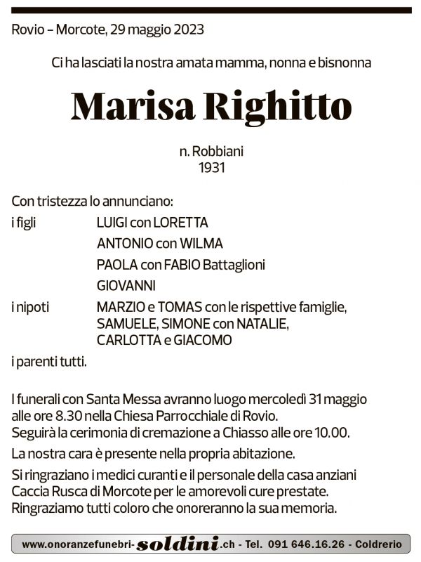 Annuncio funebre Marisa Righitto