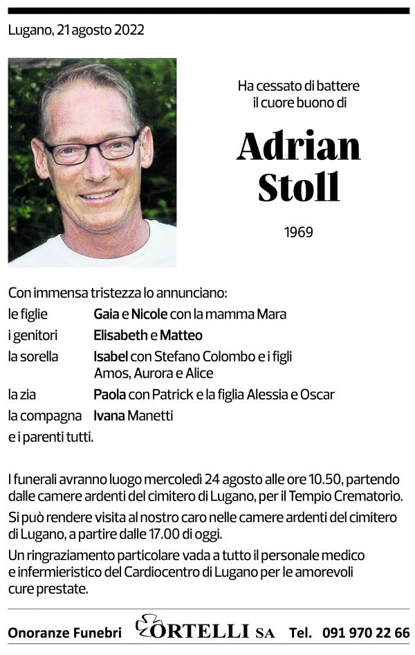 Annuncio funebre Adrian Stoll