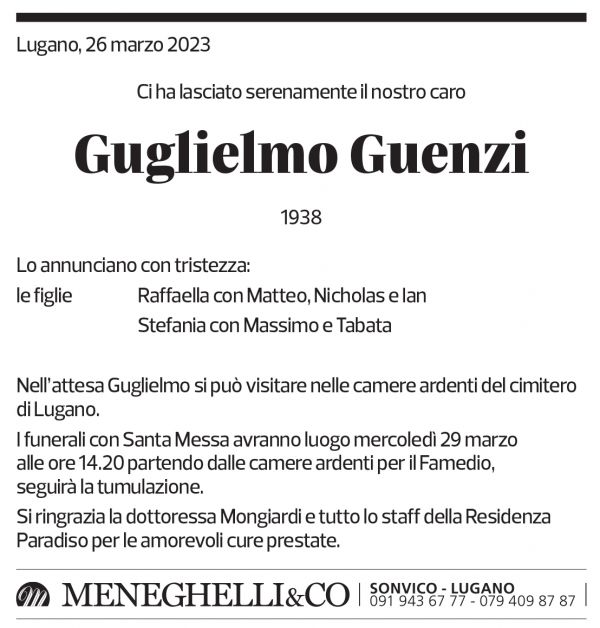 Annuncio funebre Guglielmo Guenzi