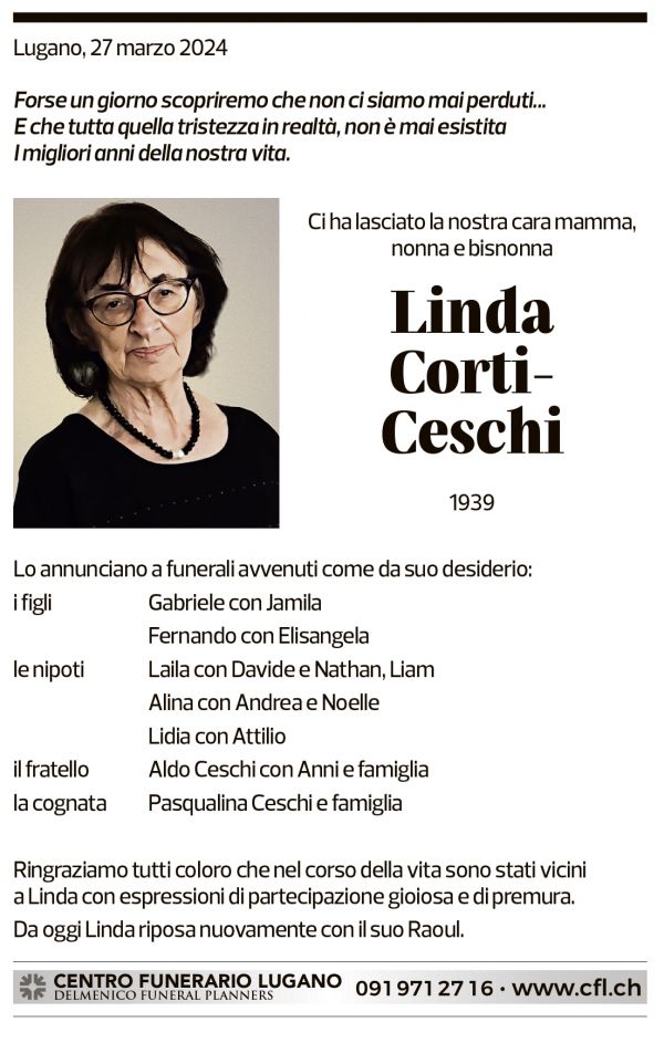 Annuncio funebre Linda Corti-ceschi