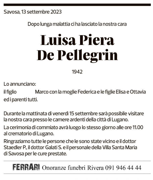 Annuncio funebre Luisa Piera De Pellegrin