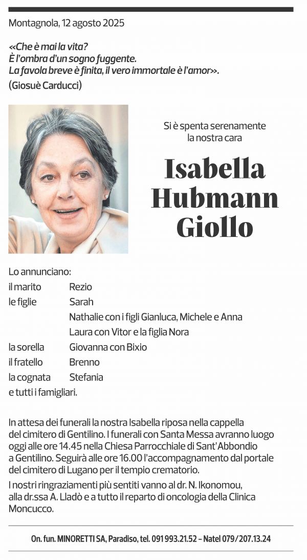 Annuncio funebre Isabella Hubmann Giollo
