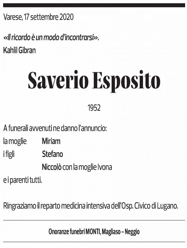 Annuncio funebre Saverio Esposito