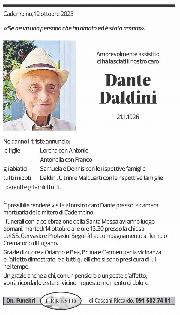 Annuncio funebre Dante Daldini