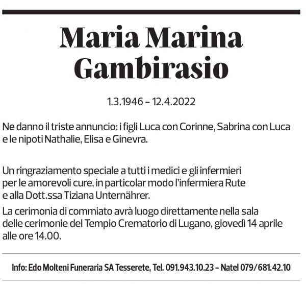 Annuncio funebre Maria Marina Gambirasio