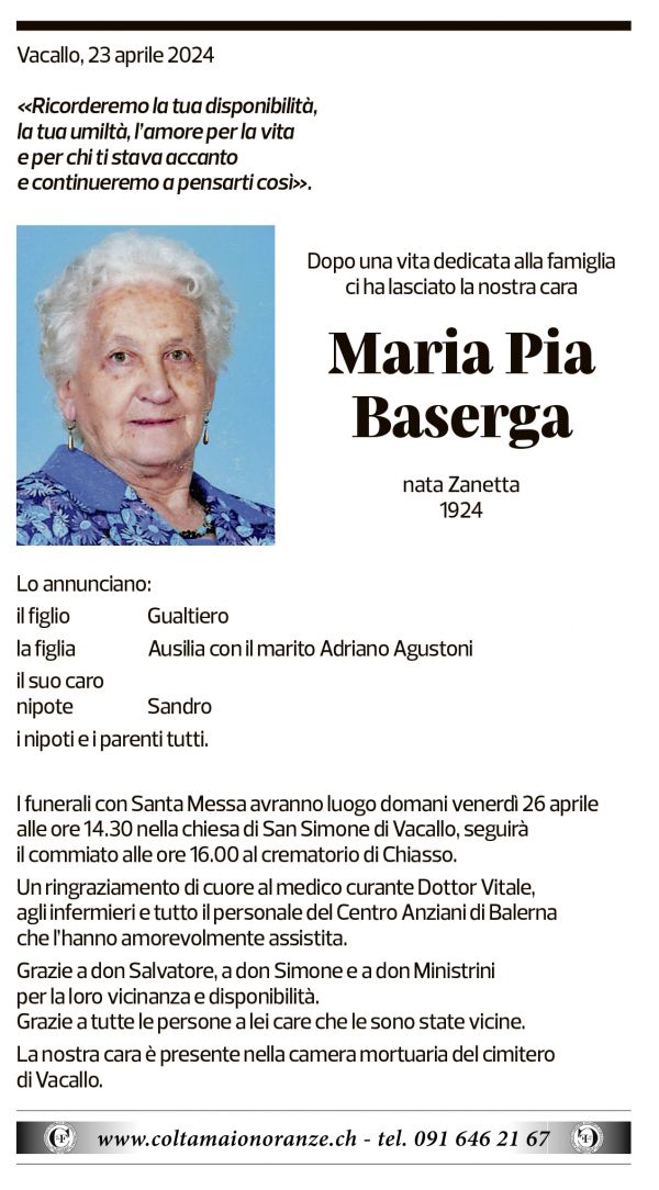 Annuncio funebre Maria Pia Barsega