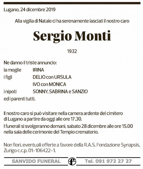Annuncio funebre Sergio Monti