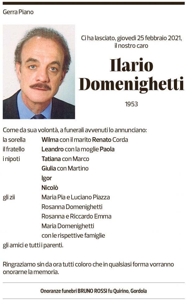 Annuncio funebre Ilario Domenighetti