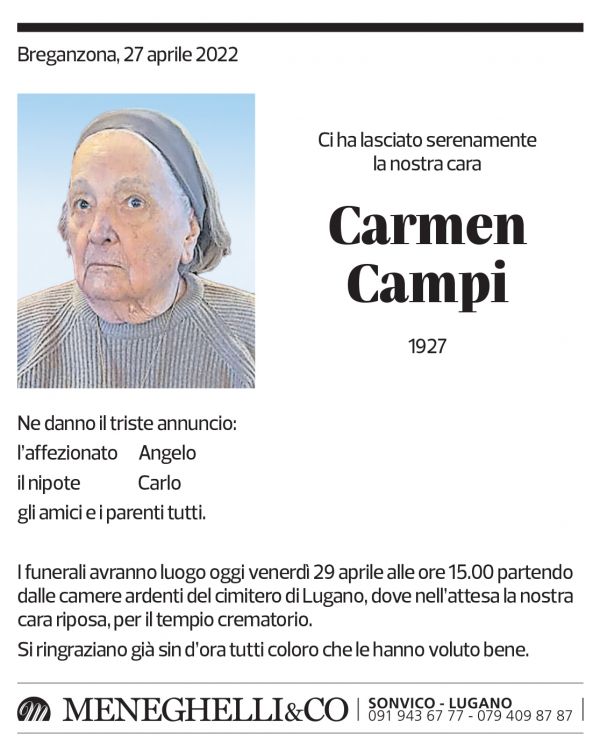 Annuncio funebre Carmen Campi