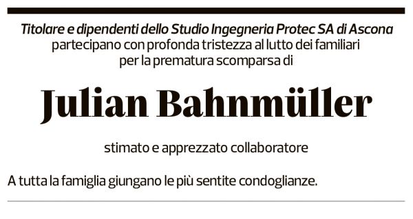 Annuncio funebre Julian Bahnmüller