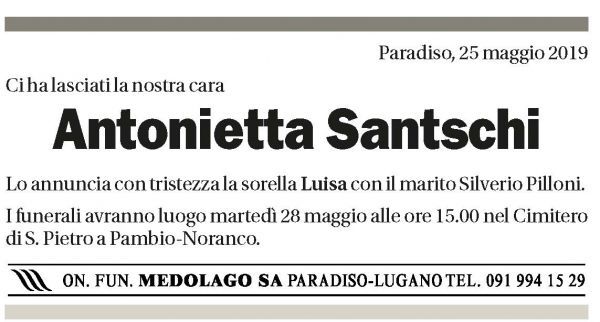 Annuncio funebre Antonietta Santschi