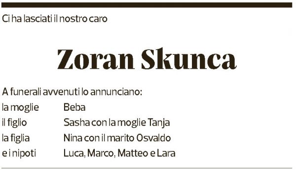 Annuncio funebre Zoran Skunca