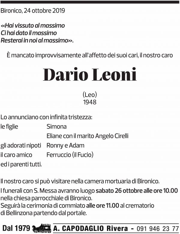 Annuncio funebre Dario Leoni