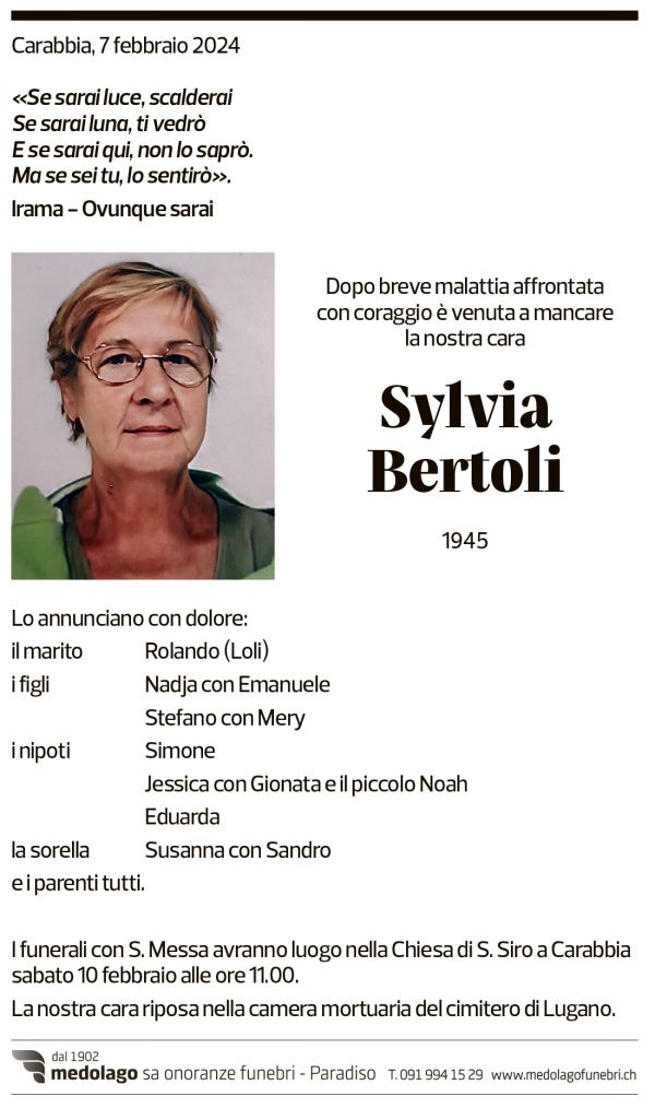 Annuncio funebre Sylvia Bertoli