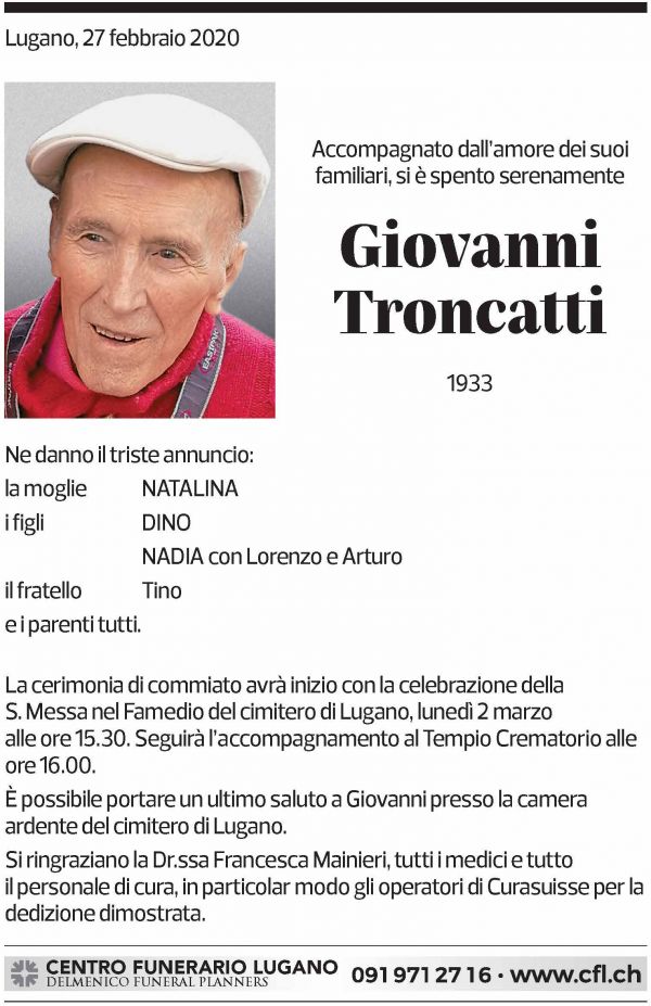 Annuncio funebre Giovanni Troncatti