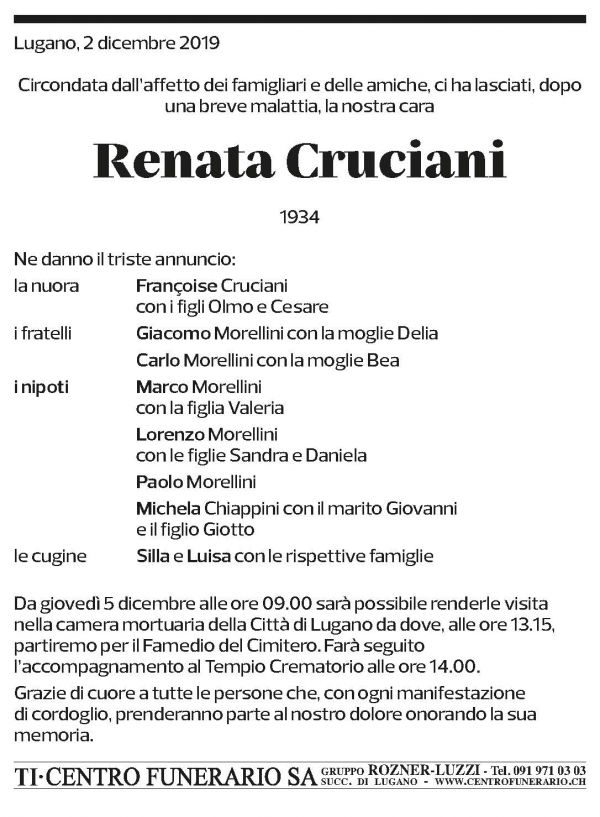 Annuncio funebre Renata Cruciani