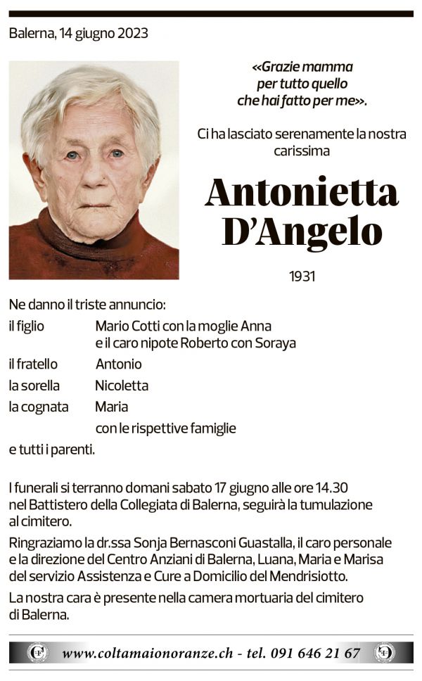 Annuncio funebre Antonietta D'angelo