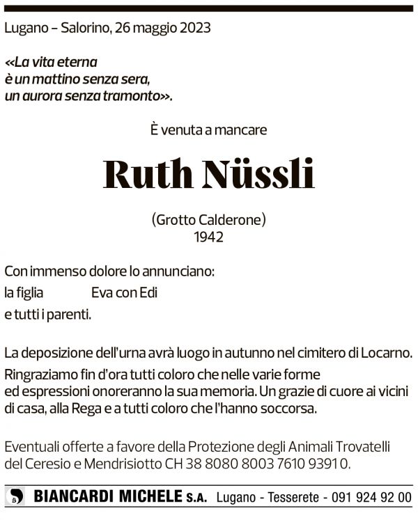 Annuncio funebre Ruth Nüssli