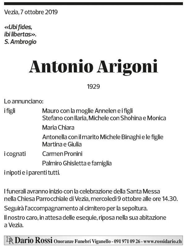 Annuncio funebre Antonio Arigoni