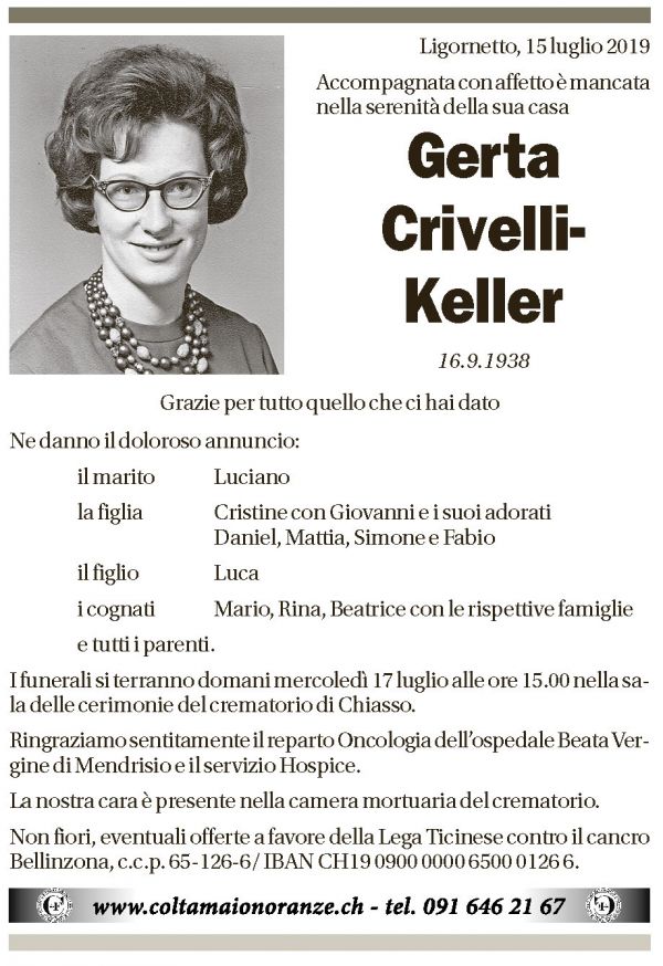 Annuncio funebre Gerta Crivelli-keller