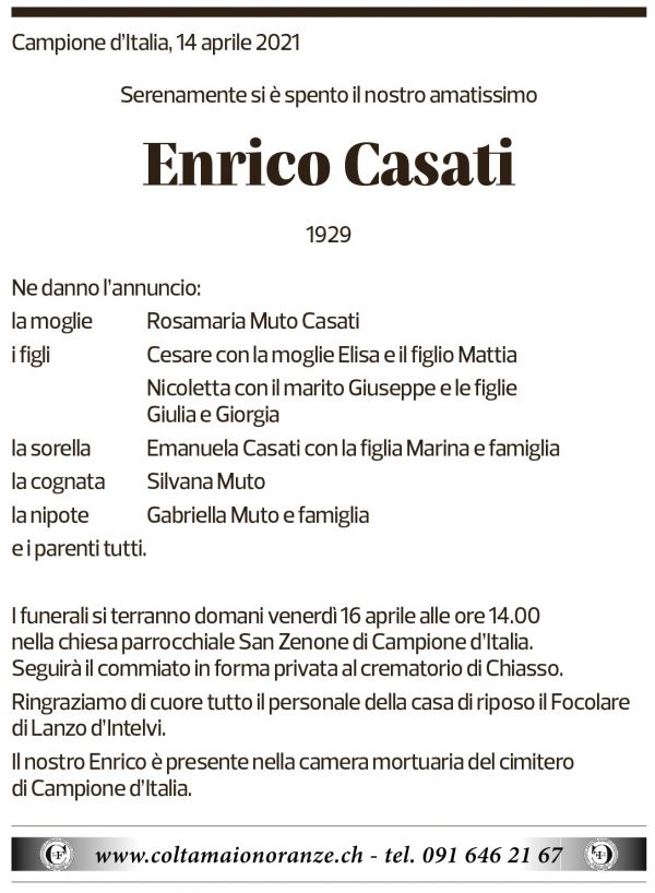 Annuncio funebre Enrico Casati