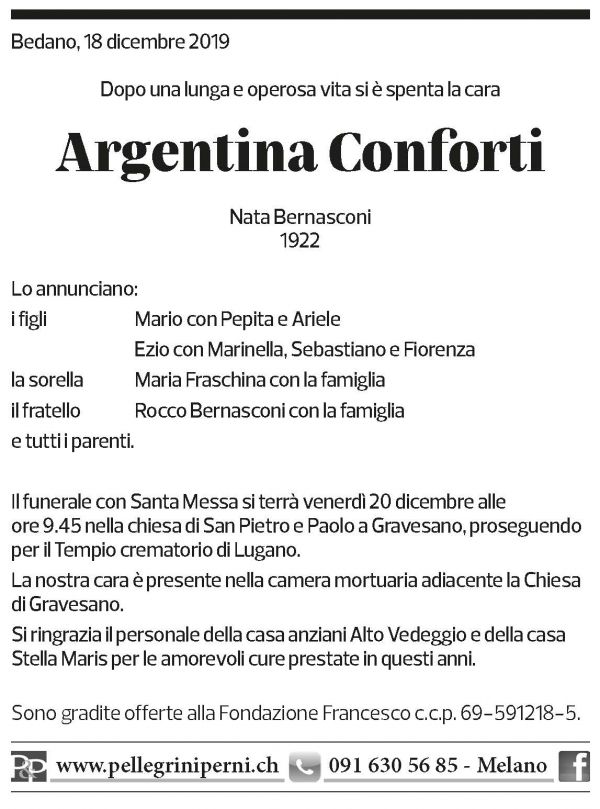 Annuncio funebre Argentina Conforti