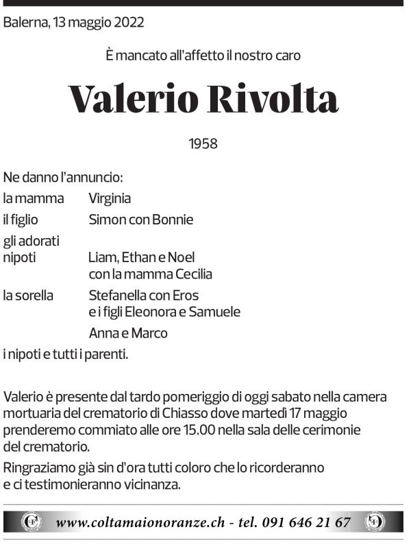 Annuncio funebre Valerio Rivolta