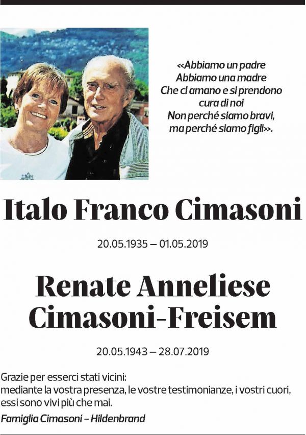 Annuncio funebre Italo Franco Cimasoni Renate Anneliese Cimasoni-freisem