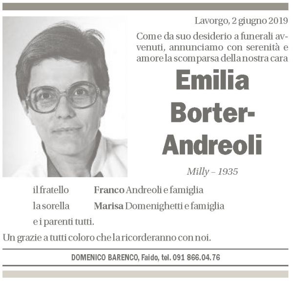 Annuncio funebre Emilia Borter-andreoli