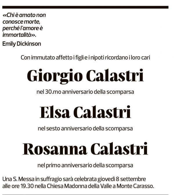 Annuncio funebre Giorgio, Elsa, Rosanna Calastri