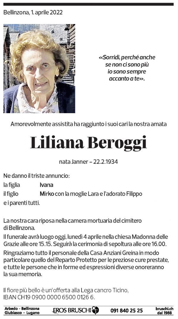 Annuncio funebre Lilliana Beroggi