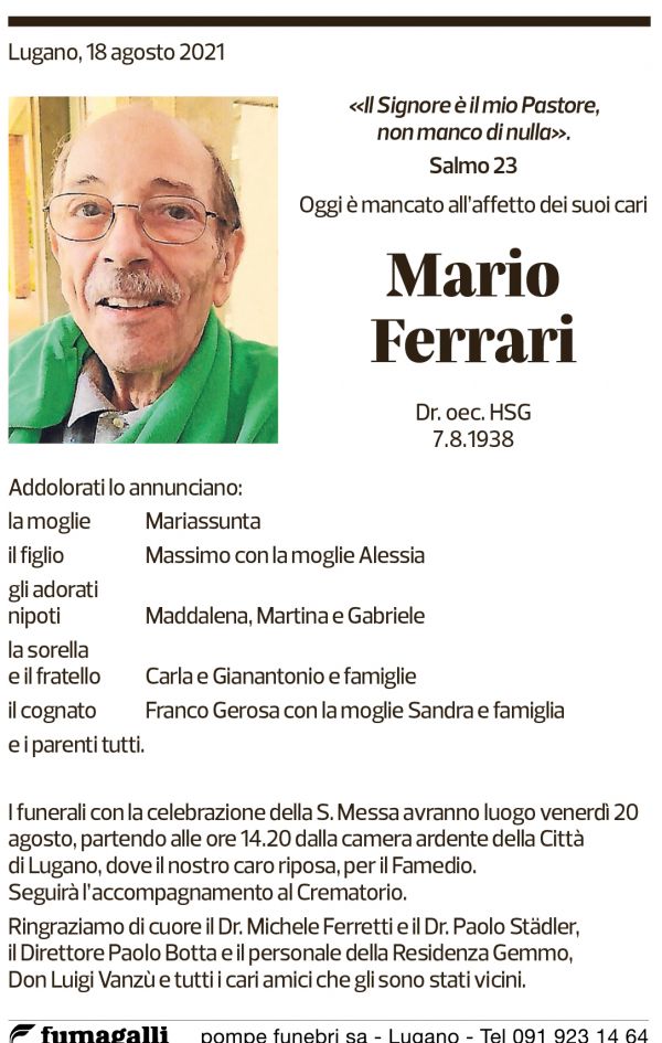 Annuncio funebre Mario Ferrari