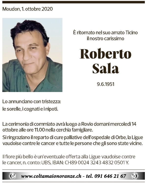 Annuncio funebre Roberto Sala