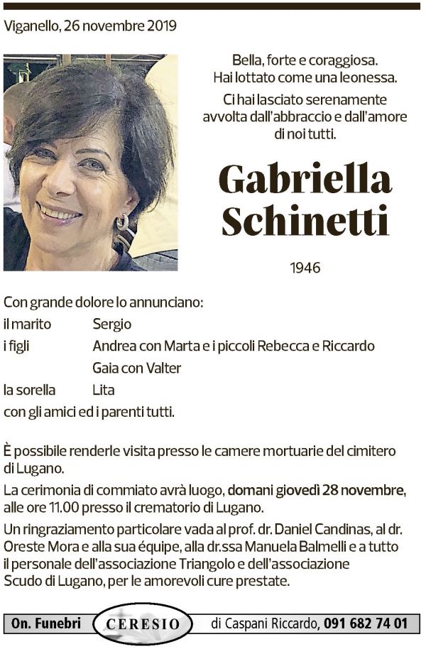 Annuncio funebre Gabriella Schinetti