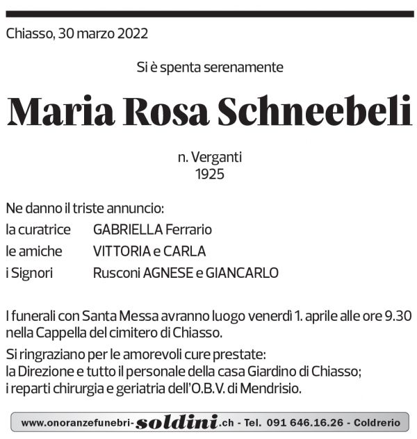 Annuncio funebre Maria Rosa Schneebeli