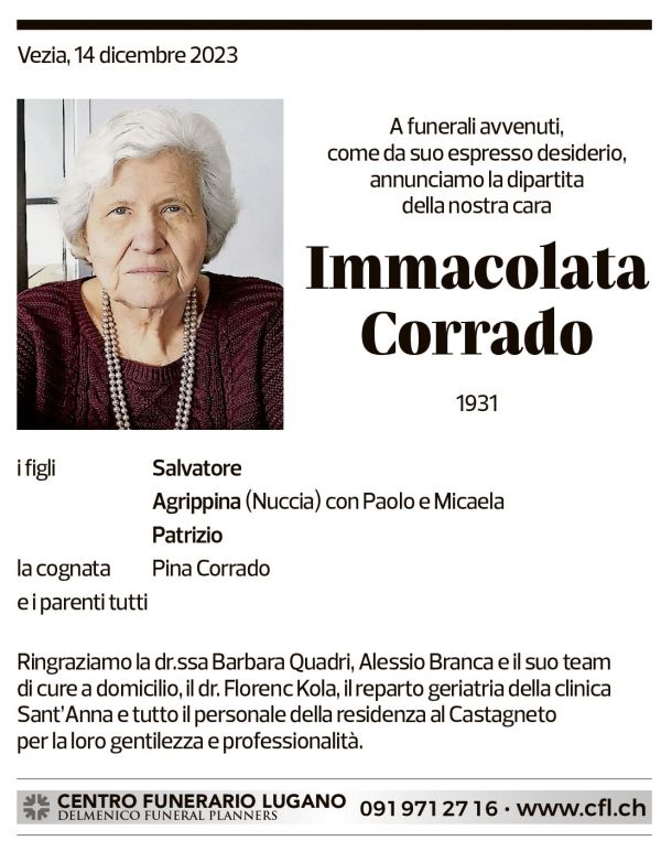 Annuncio funebre Immacolata Corrado