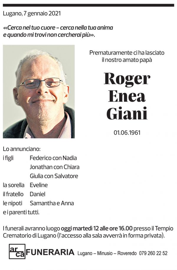 Annuncio funebre Roger Enea Giani