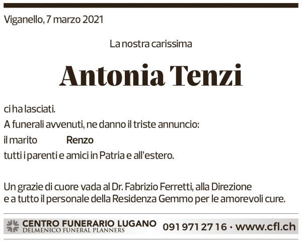 Annuncio funebre Antonia Tenyi